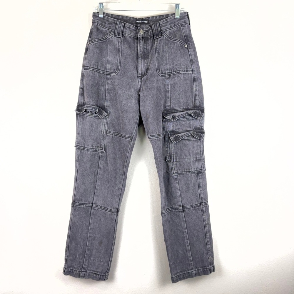 PrettyLittleThing Women Gray Y2K Cargo Jeans Wide Leg Utility Pockets US 6